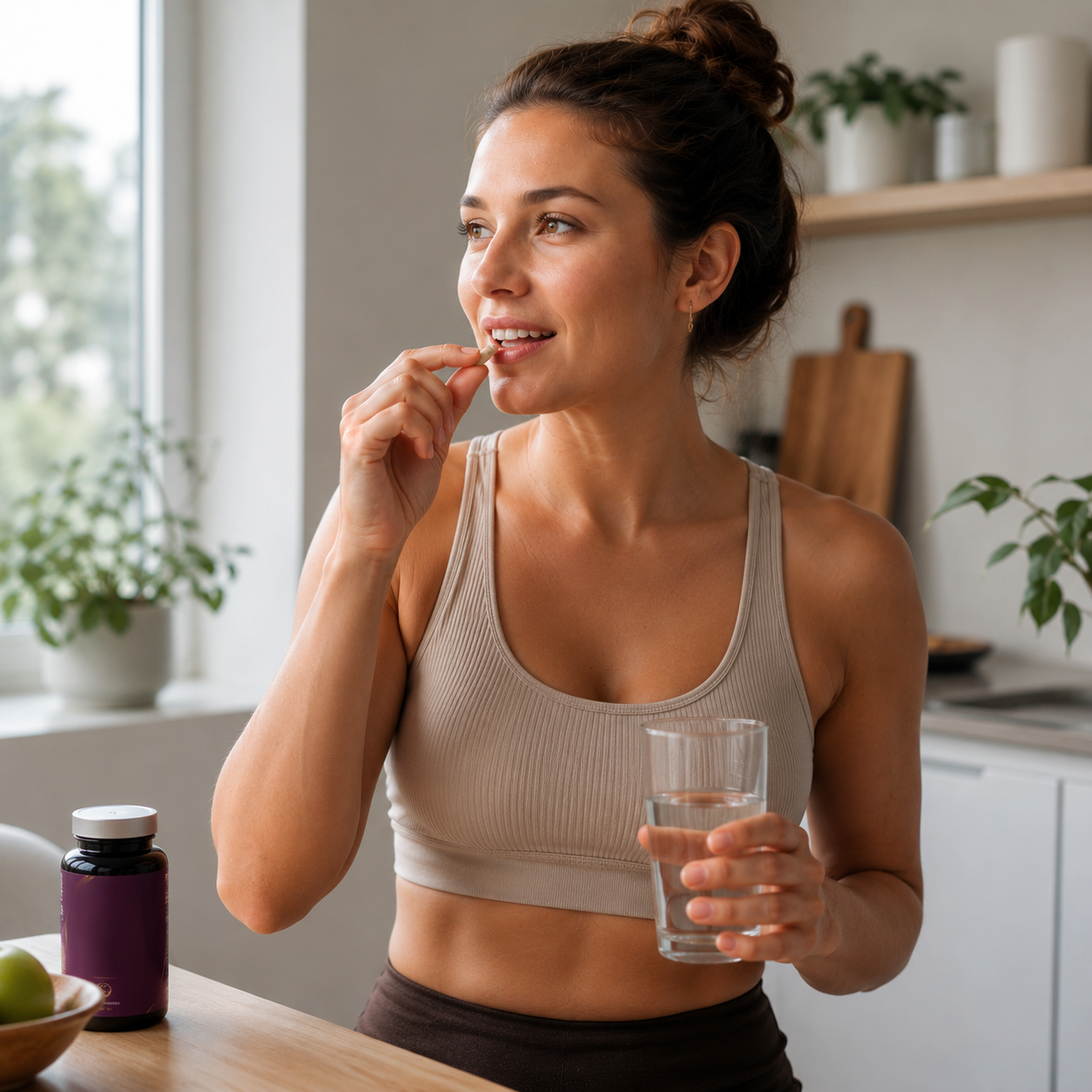 Kobieta w naturalnej, wellness atmosferze — codzienna rutyna z suplementem Nutrilaben