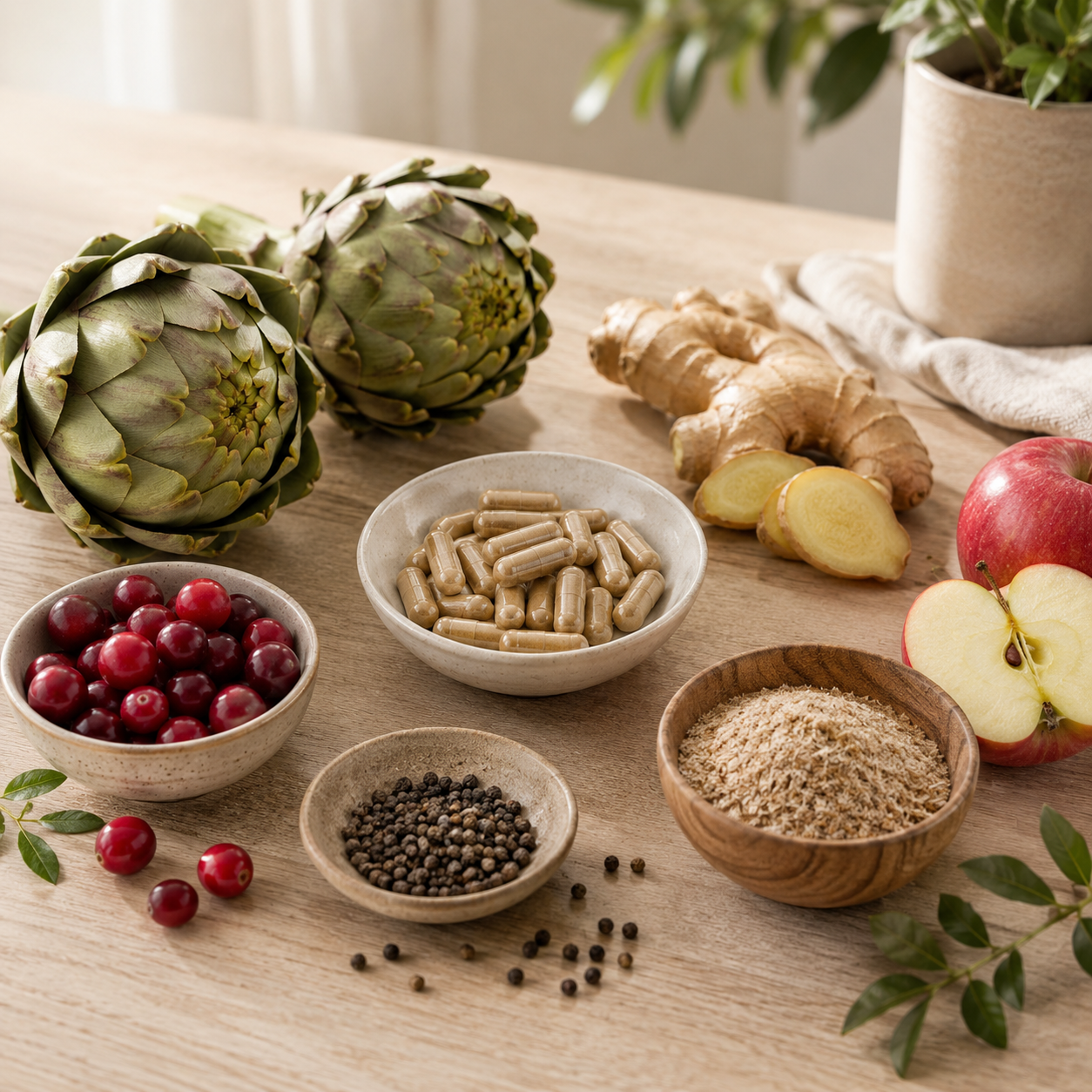 Naturalne składniki roślinne Nutrilaben — karczoch, imbir, żurawina i kapsułki suplementu